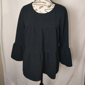 JCrew Womens Peplum Top M Black Bell Sleeve Textured Classic Corporate Goth‎